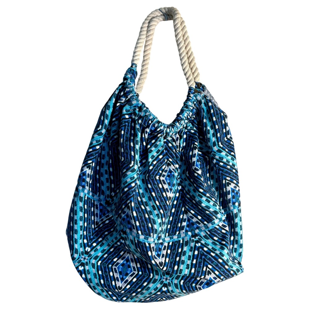 Blue Geometric Boho Rope Handle Hobo Shoulder Bag Beach Tote Teal Diamond Print